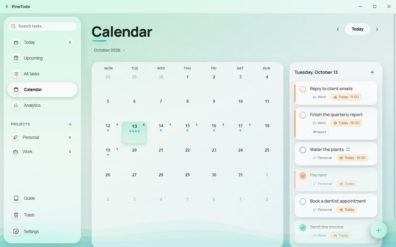 The month calendar view of PineTodo in the light theme, with tasks shown on their due dates.