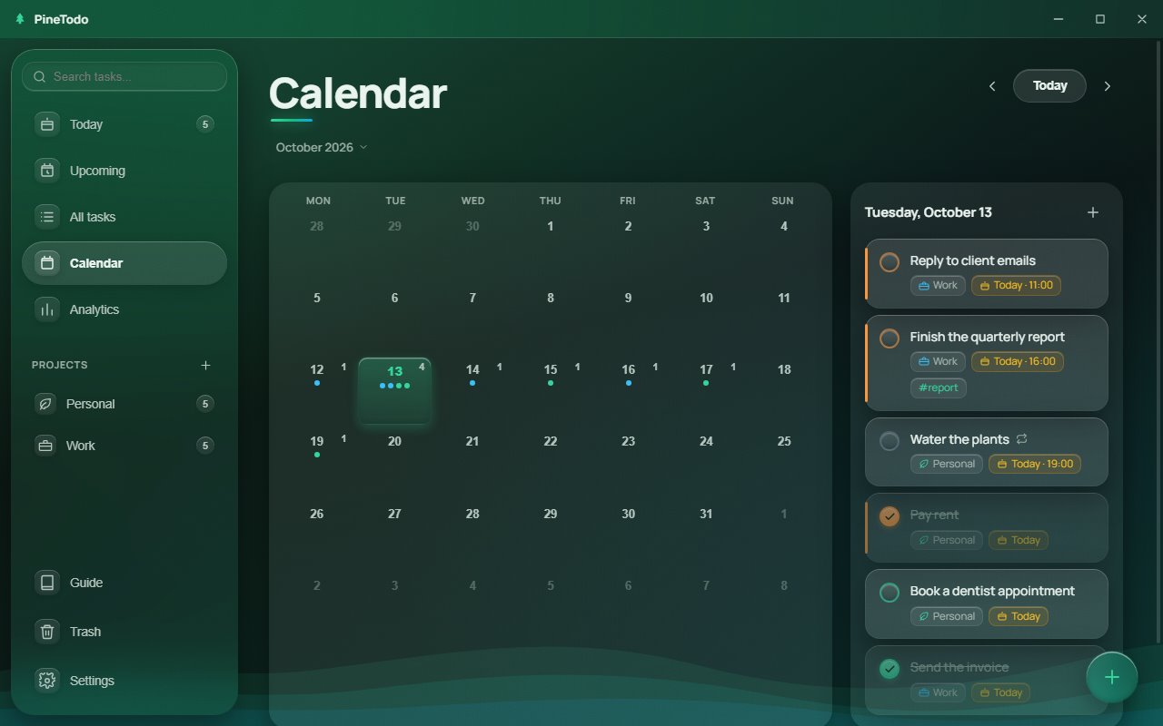 The month calendar view of PineTodo in the dark theme, with tasks shown on their due dates.