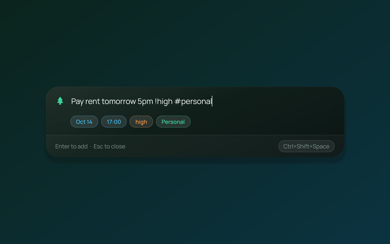 The PineTodo quick capture prompt in the dark theme, a small text box opened over another window.