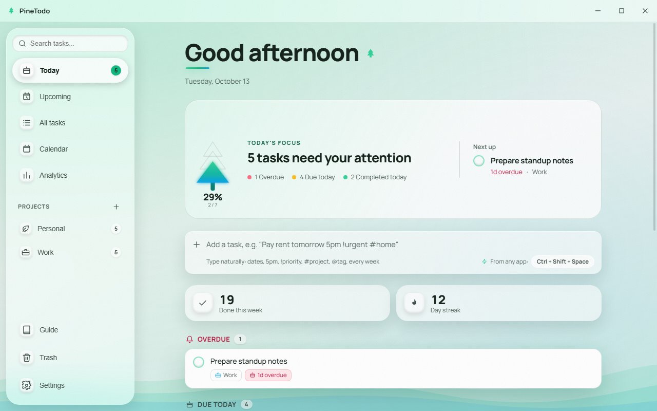 The Today view of PineTodo in the light theme, with the day's tasks in a list and the project sidebar on the left.