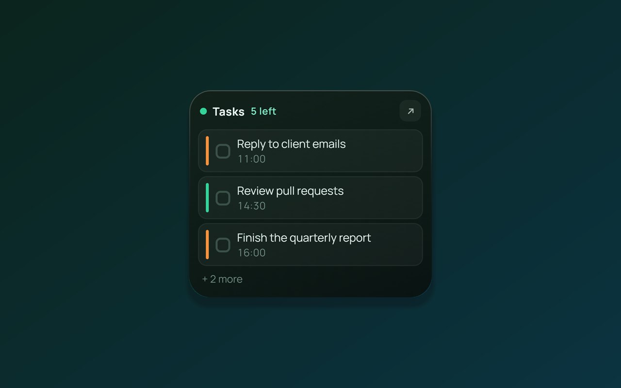 The PineTodo desktop widget in the dark theme, a small card on the Windows desktop listing today's tasks.